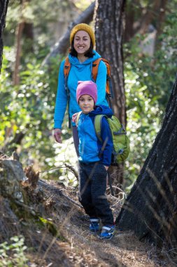 Bir kadın oğluyla birlikte ormanda yürüyor. Annesiyle yürüyüşe çıkan çocuk. Sırt çantalı bir çocuk parkta. Çocuklarla seyahat et. Çocuk annesinin elini tutuyor. Dağ yolu.