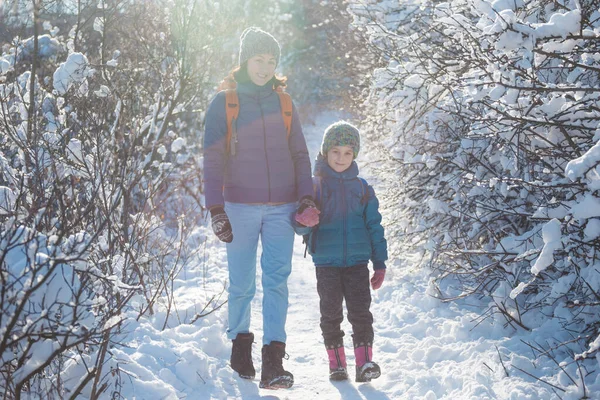 Çocuklu bir kadın, dağlarda kış yürüyüşüne çıkmış. Çocuk soğuk mevsimde annesiyle seyahat eder. Sırt çantalı bir çocuk, annesiyle karlı bir parkta yürüyor. Çocuklarla yolculuk. Kış gezisi.