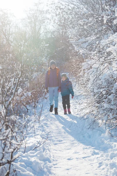 Çocuklu bir kadın, dağlarda kış yürüyüşüne çıkmış. Çocuk soğuk mevsimde annesiyle seyahat eder. Sırt çantalı bir çocuk, annesiyle karlı bir parkta yürüyor. Çocuklarla yolculuk. Kış gezisi.
