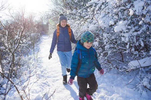 Çocuk annesinden kaçıyor. Bir kadın kış parkında bir çocukla yürüyor. Çocuk annesiyle vakit geçirir. Anne sevgisi. Karlı ormanda yürü. Aile yürüyüşü.