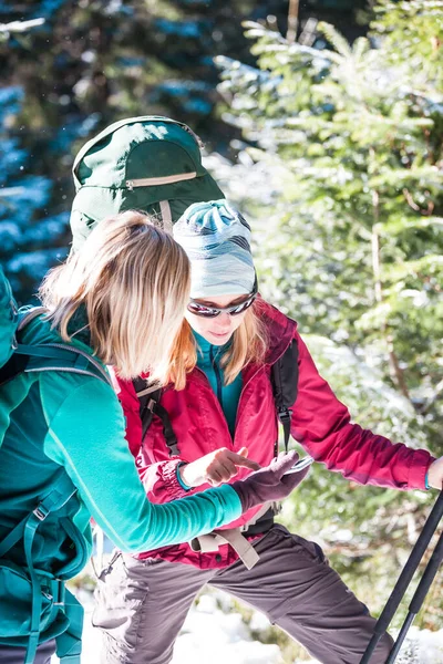 Twee Toeristen Kijken Naar Telefoon Twee Vrienden Reizen Samen Vrouwen — Stockfoto