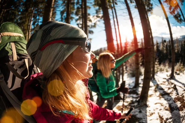 Dos Viajeros Acercan Las Novias Están Bosque Invierno Dos Mujeres — Foto de Stock