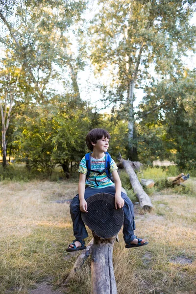 Sırt Çantalı Bir Çocuk Devrilmiş Bir Ağacın Gövdesinde Oturur Bir — Stok fotoğraf