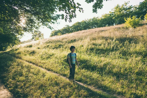 Niño Con Una Mochila Camina Por Prado Niño Explora Vida —  Fotos de Stock