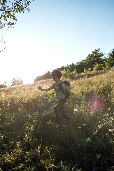 Niño Con Una Mochila Camina Por Prado Niño Explora Vida —  Fotos de Stock
