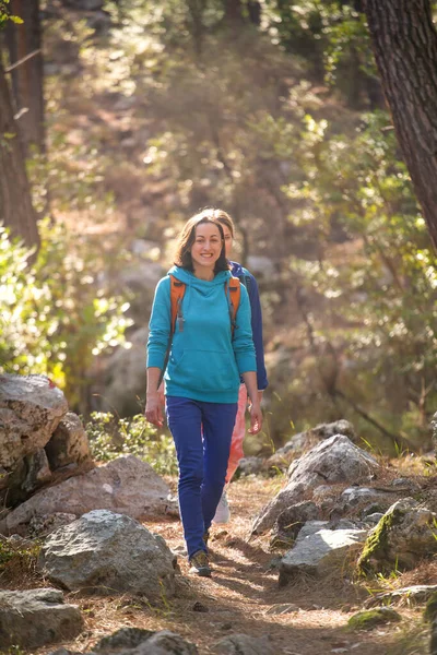 İki kız ormanda yürüyor. Dağlarda yürüyüş. Kız arkadaşlar doğada birlikte vakit geçirirler. Kadınlar parkta yürür..