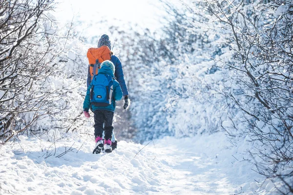 Mujer Con Niño Una Caminata Invierno Las Montañas Niño Viaja — Foto de Stock