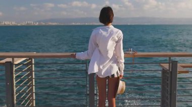 Hasır şapkalı ince kadın denize bakıyor ve anın tadını çıkarıyor. Deniz kenarında yaz tatili. Plaj hayatı. Özgürlük ve