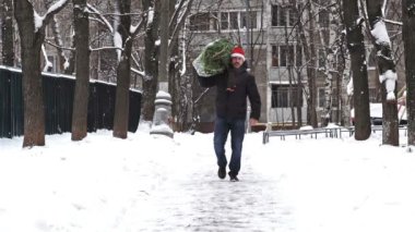 Belgili tanımlık Noel çarşı içinde Moskova kırmızı Noel Baba şapkası giyen yaşlı adam eve sadece bir tablo içinde paketlenmiş bir Noel ağacı taşıyan bir orta ağır çekim çekim satın.