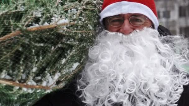 一个戴着眼镜的人的肖像 戴着一顶红色的圣诞老人帽子 白胡子 肩膀上挂着一棵圣诞树 他的蛋蛋里塞满了格子 慢动作 — 图库视频影像