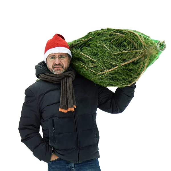 Man Bär Röd Santa Hatt Bär Sin Axel Som Julgran — Stockfoto