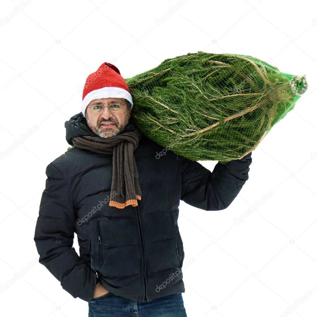 Man wearing a red Santa hat carries on his shoulder a Christmas tree packed in a grid just bought at the Christmas market in Moscow on New Year Eve isolated on white background.