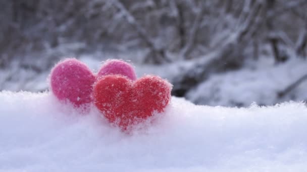 Dois corações de lã de Valentim na neve branca na costa do rio no inverno — Vídeo de Stock