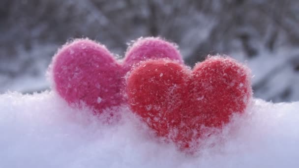 Красные и розовые шерстяные сердца на белом снегу на берегу реки зимой — стоковое видео