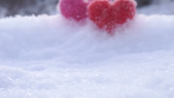 冬天, 在河岸上的白雪上, 红色和粉色的羊毛心 — 图库视频影像