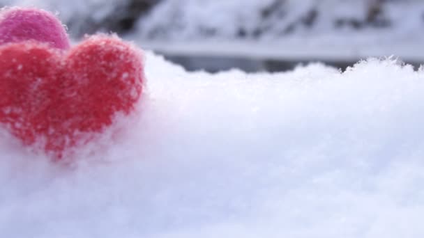 Vermelho e rosa corações de lã na neve branca na margem do rio no inverno — Vídeo de Stock