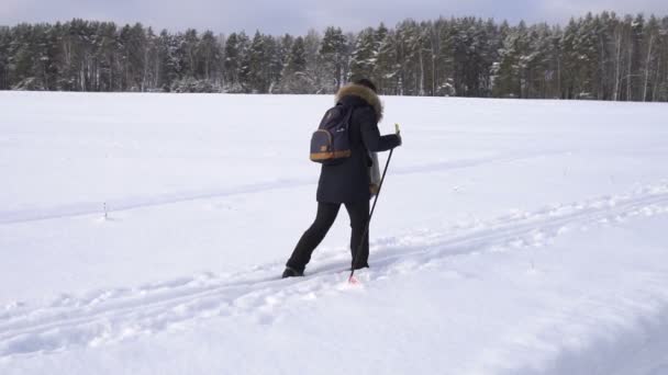 雪に覆われたロシアの冬の田園地帯でスキー バックパックを持つ女性 スローモーション — ストック動画