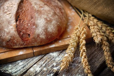 Taze ekmek ve buğday kulaklara eski ahşap masa yuvarlak