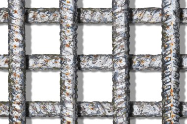 Beyaz üzerinde izole gölgelerle kalın metal çubuklar geçiş ile hapishane ızgarası