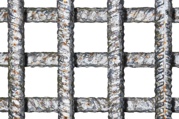 Kratka więzienna z przecinających się grubych metalowych prętów bez cieni na białym tle — Zdjęcie stockowe