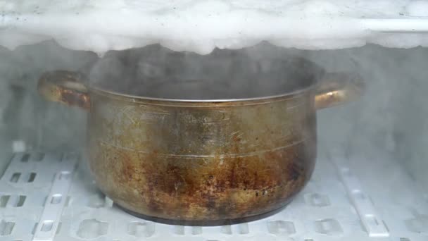 Defrosting Refrigerator Using Big Kitchen Saucepan Full Hot Water Old — Stock Video