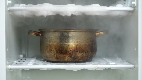 大きなキッチン鍋で冷蔵庫を解凍するお湯がいっぱい — ストック動画