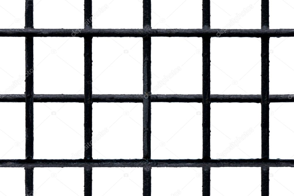 Seamless black metal grate with shabby painted bars isolated on white
