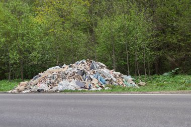 Rus kırsal yolunun yol kenarında yatan çöp yığını