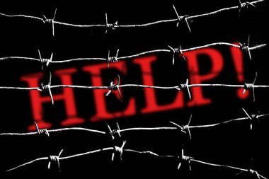 Word Help dikenli tellerbeyaz siluetler arkasında kırmızı bir boya ile yazdı