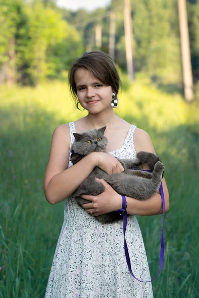 Teenage Girl Holds Her British Short Hair Cat Outddors Countryside — Stock Photo, Image