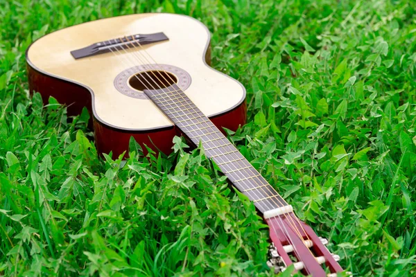 Деревянная акустическая гитара лежит на зеленой траве на открытом воздухе — стоковое фото