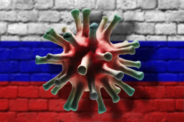 Coronavirus cell on the brick wall painted in russian flag colors background with shadows. A pandemic of coronavirus in Russia concept