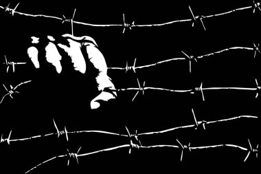 Hapishane, kölelik, tutsaklık, erkek eli dikenli tellerle dolu bir toplama kampı konsepti. Siyah ve beyaz vektör çizimi.