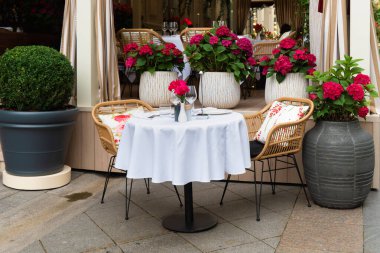 Beyaz masa örtüsü, hasır sandalyeler, şarap kadehleri ve romantik bir ortam yaratacak canlı pembe ortancalar..