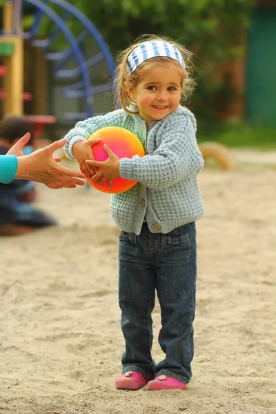 Extremely Happy Toddler Girl Who Last Has Caught Ball — Stock Photo, Image