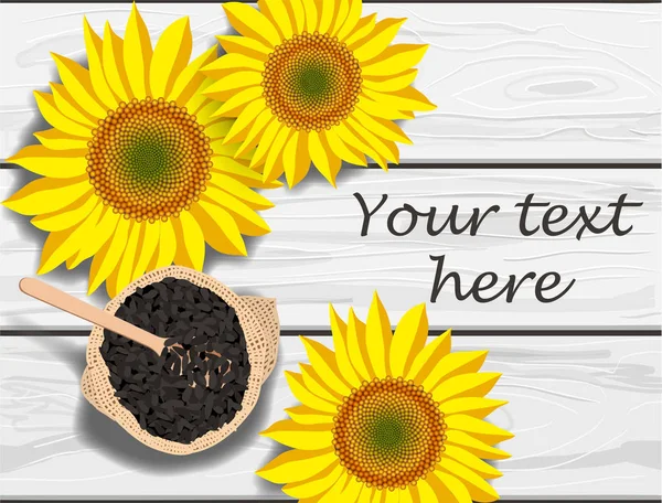 Vector illustration of sunflower flowers and seeds on grey wooden table, place for text
