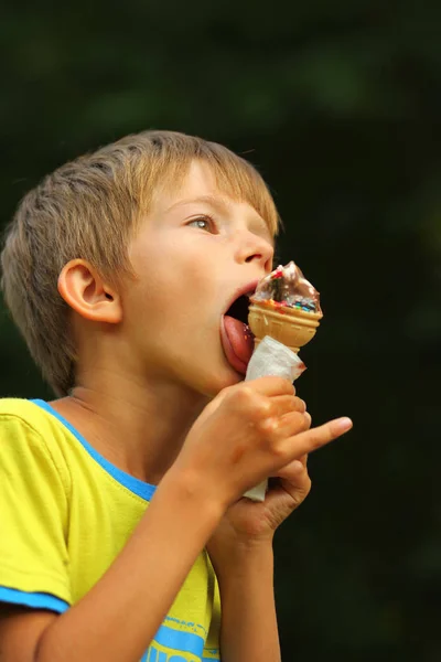 Profilo Ritratto Ragazzo Maglietta Gialla Che Mangia Gelato All Aperto — Foto Stock