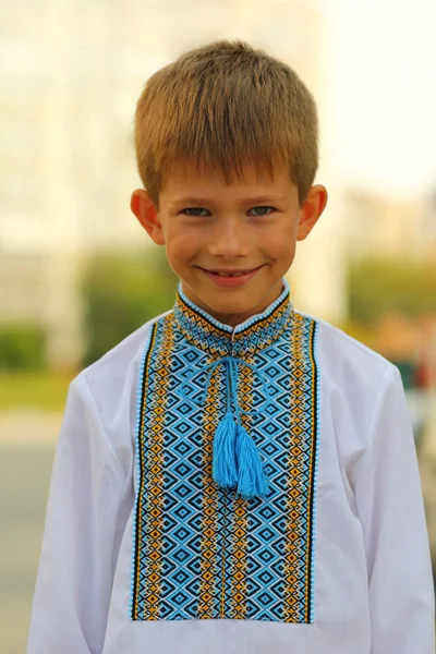 Vyshyvanka 伝統的な民族のウクライナの服で幸せな笑みを浮かべて少年の屋外のポートレート — ストック写真