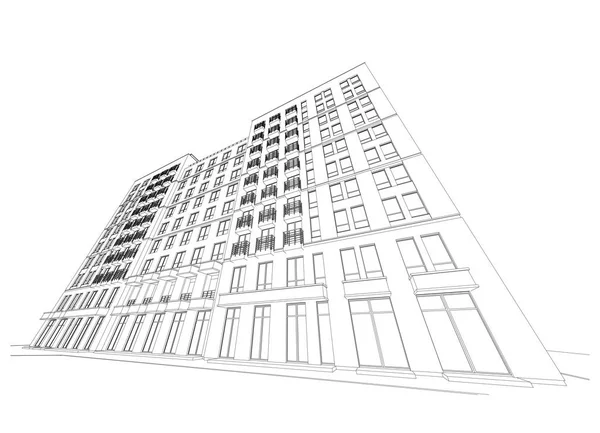 Λεπτομερείς Αρχιτεκτονικό Σχέδιο Του Πολυώροφο Κτίριο Την Ελαττωμένη Προοπτική Σχεδιάγραμμα — Διανυσματικό Αρχείο