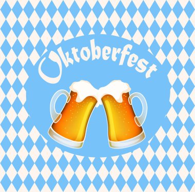 Oktoberfest poster afiş iki tam bira bardağı, mavi elmas semboller ve yazı ile vektör çizim