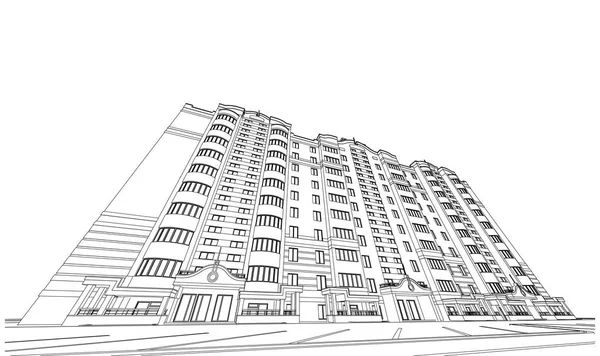Szczegółowy Plan Architektoniczny Wielokondygnacyjnym Budynku Zmniejszoną Perspektywy Ilustracja Wektorowa Blueprint — Wektor stockowy