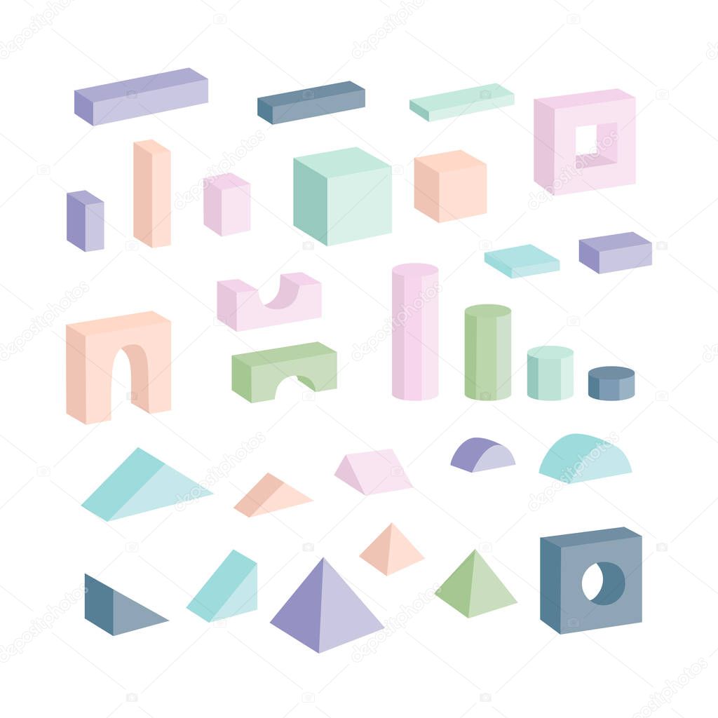 Pastel colored isolated toy building blocks / elements. Vector