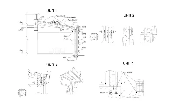 Azokat Egységeket Részletes Építészeti Műszaki Rajz Vektor Blueprint — Stock Vector