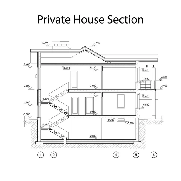Private House Section Detailed Architectural Technical Drawing Vector Blueprint — Stock Vector