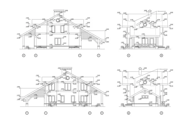 Set Private House Facades Detailed Architectural Technical Drawing Vector Blueprint — Stock Vector