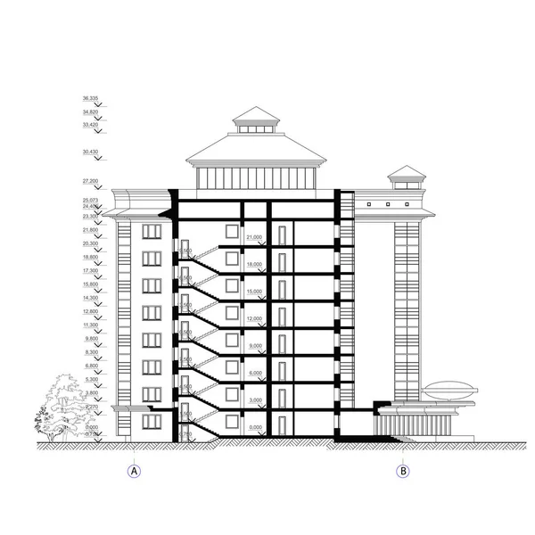 Mehrstöckiger Gebäudeteil Detaillierte Architektonische Technische Zeichnung Vektorentwurf — Stockvektor