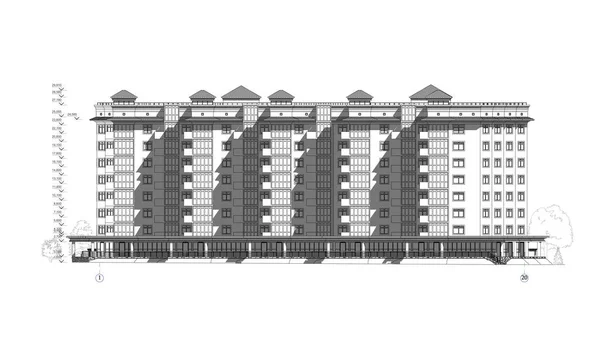 Façade Bâtiments Plusieurs Étages Dessin Technique Architectural Détaillé Plan Vectoriel — Image vectorielle