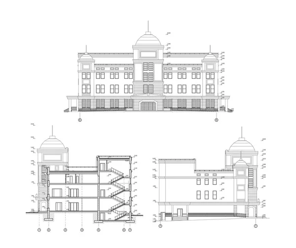 Flervånings Byggnad Fasad Och Sektion Detaljerad Arkitektonisk Teknisk Ritning Vektor — Stock vektor
