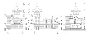 Ahşap günlük özel ev veya bir kule, detaylı mimari teknik çizim, vektör blueprint kilise cepheler