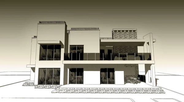 Desenho Lápis Ilustração Moderno Edifício Privado Design Fachada Exterior Papel — Fotografia de Stock